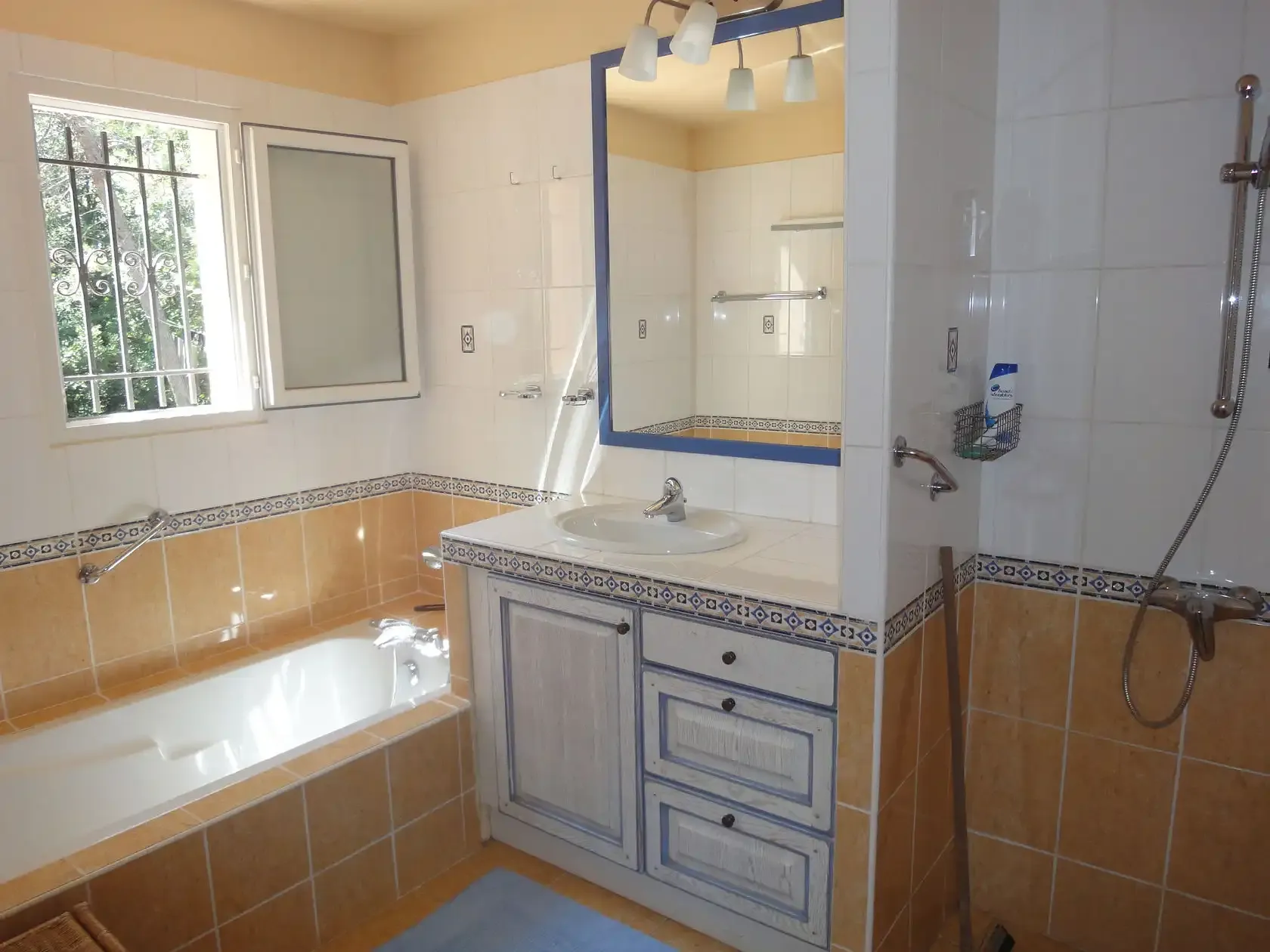 Badkamer van de slaapkamer beneden, met ligbad, wastafel en aparte douche